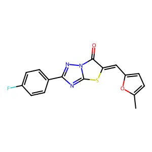 (5Z)-2-(4-fluorophenyl)-5-[(5-methyl-2-furyl)methylene][1,3]thiazolo[3,2-b][1,2,4]triazol-6(5H)-one structure
