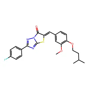 (5Z)-2-(4-fluorophenyl)-5-[3-methoxy-4-(3-methylbutoxy)benzylidene][1,3]thiazolo[3,2-b][1,2,4]triazol-6(5H)-one structure