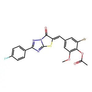 2-bromo-4-{(Z)-[2-(4-fluorophenyl)-6-oxo[1,3]thiazolo[3,2-b][1,2,4]triazol-5(6H)-ylidene]methyl}-6-methoxyphenyl acetate structure