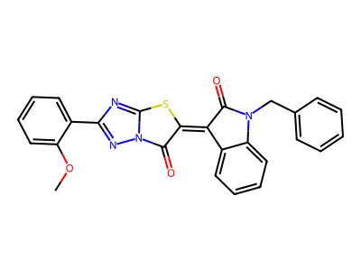 (3Z)-1-benzyl-3-[2-(2-methoxyphenyl)-6-oxo[1,3]thiazolo[3,2-b][1,2,4]triazol-5(6H)-ylidene]-1,3-dihydro-2H-indol-2-one structure