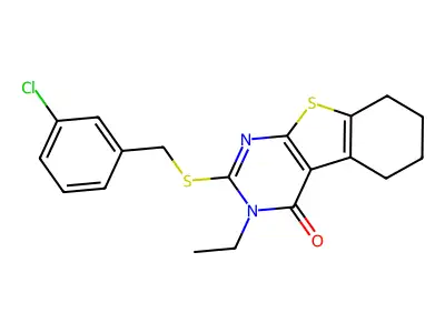 2-[(3-chlorobenzyl)sulfanyl]-3-ethyl-5,6,7,8-tetrahydro[1]benzothieno[2,3-d]pyrimidin-4(3H)-one structure