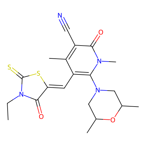 (Z)-6-(2,6-dimethylmorpholino)-5-((3-ethyl-4-oxo-2-thioxothiazolidin-5-ylidene)methyl)-1,4-dimethyl-2-oxo-1,2-dihydropyridine-3-carbonitrile structure