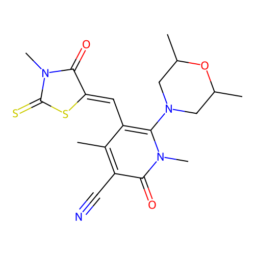 (Z)-6-(2,6-dimethylmorpholino)-1,4-dimethyl-5-((3-methyl-4-oxo-2-thioxothiazolidin-5-ylidene)methyl)-2-oxo-1,2-dihydropyridine-3-carbonitrile structure