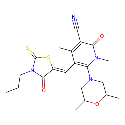(Z)-6-(2,6-dimethylmorpholino)-1,4-dimethyl-2-oxo-5-((4-oxo-3-propyl-2-thioxothiazolidin-5-ylidene)methyl)-1,2-dihydropyridine-3-carbonitrile structure