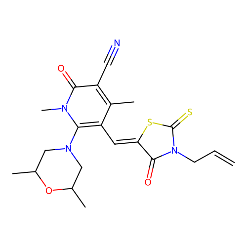 (Z)-5-((3-allyl-4-oxo-2-thioxothiazolidin-5-ylidene)methyl)-6-(2,6-dimethylmorpholino)-1,4-dimethyl-2-oxo-1,2-dihydropyridine-3-carbonitrile structure