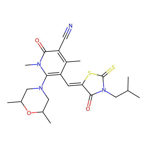 (Z)-6-(2,6-dimethylmorpholino)-5-((3-isobutyl-4-oxo-2-thioxothiazolidin-5-ylidene)methyl)-1,4-dimethyl-2-oxo-1,2-dihydropyridine-3-carbonitrile structure
