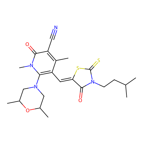 (Z)-6-(2,6-dimethylmorpholino)-5-((3-isopentyl-4-oxo-2-thioxothiazolidin-5-ylidene)methyl)-1,4-dimethyl-2-oxo-1,2-dihydropyridine-3-carbonitrile structure