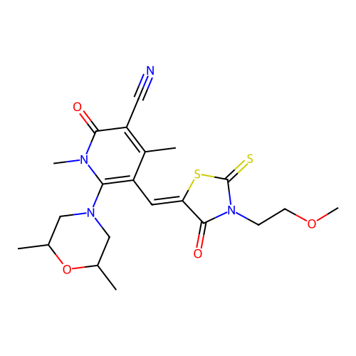 (Z)-6-(2,6-dimethylmorpholino)-5-((3-(2-methoxyethyl)-4-oxo-2-thioxothiazolidin-5-ylidene)methyl)-1,4-dimethyl-2-oxo-1,2-dihydropyridine-3-carbonitrile structure