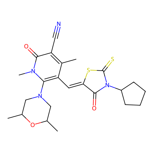 (Z)-5-((3-cyclopentyl-4-oxo-2-thioxothiazolidin-5-ylidene)methyl)-6-(2,6-dimethylmorpholino)-1,4-dimethyl-2-oxo-1,2-dihydropyridine-3-carbonitrile structure