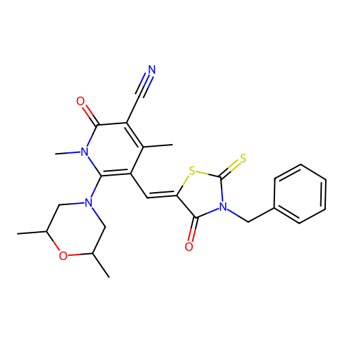 (Z)-5-((3-benzyl-4-oxo-2-thioxothiazolidin-5-ylidene)methyl)-6-(2,6-dimethylmorpholino)-1,4-dimethyl-2-oxo-1,2-dihydropyridine-3-carbonitrile structure