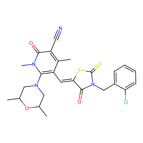 (Z)-5-((3-(2-chlorobenzyl)-4-oxo-2-thioxothiazolidin-5-ylidene)methyl)-6-(2,6-dimethylmorpholino)-1,4-dimethyl-2-oxo-1,2-dihydropyridine-3-carbonitrile structure