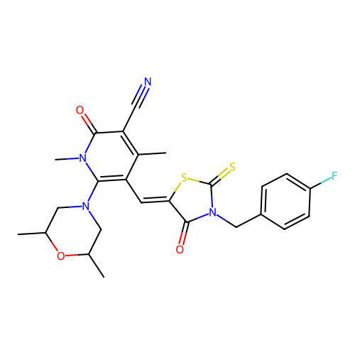 (Z)-6-(2,6-dimethylmorpholino)-5-((3-(4-fluorobenzyl)-4-oxo-2-thioxothiazolidin-5-ylidene)methyl)-1,4-dimethyl-2-oxo-1,2-dihydropyridine-3-carbonitrile structure