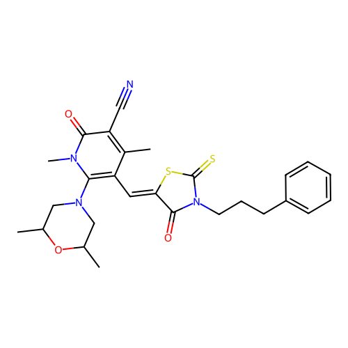 (Z)-6-(2,6-dimethylmorpholino)-1,4-dimethyl-2-oxo-5-((4-oxo-3-(3-phenylpropyl)-2-thioxothiazolidin-5-ylidene)methyl)-1,2-dihydropyridine-3-carbonitrile structure