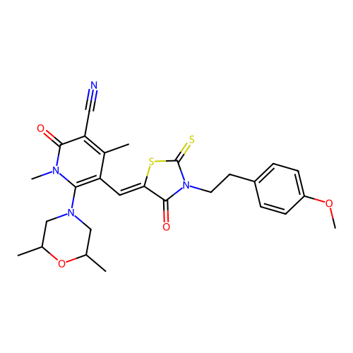 (Z)-6-(2,6-dimethylmorpholino)-5-((3-(4-methoxyphenethyl)-4-oxo-2-thioxothiazolidin-5-ylidene)methyl)-1,4-dimethyl-2-oxo-1,2-dihydropyridine-3-carbonitrile structure