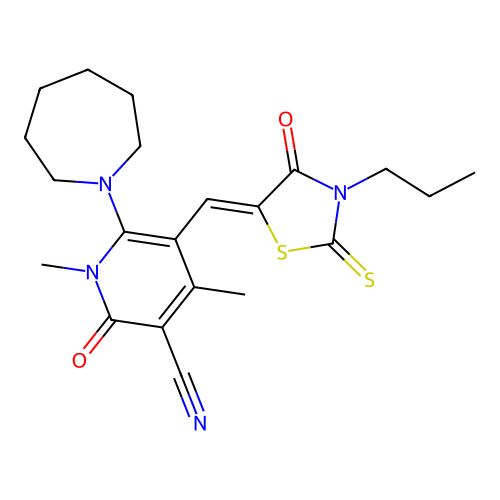 (Z)-6-(azepan-1-yl)-1,4-dimethyl-2-oxo-5-((4-oxo-3-propyl-2-thioxothiazolidin-5-ylidene)methyl)-1,2-dihydropyridine-3-carbonitrile structure