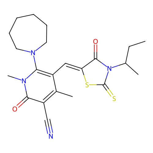 (Z)-6-(azepan-1-yl)-5-((3-(sec-butyl)-4-oxo-2-thioxothiazolidin-5-ylidene)methyl)-1,4-dimethyl-2-oxo-1,2-dihydropyridine-3-carbonitrile structure