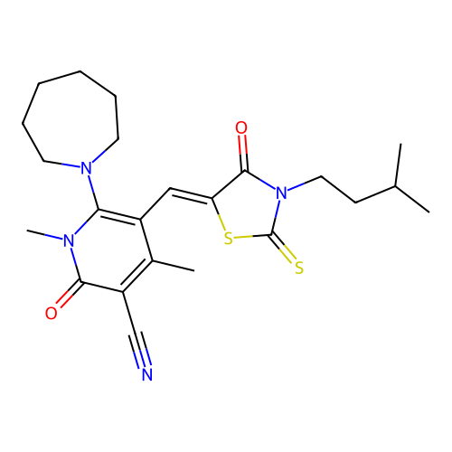 (Z)-6-(azepan-1-yl)-5-((3-isopentyl-4-oxo-2-thioxothiazolidin-5-ylidene)methyl)-1,4-dimethyl-2-oxo-1,2-dihydropyridine-3-carbonitrile structure