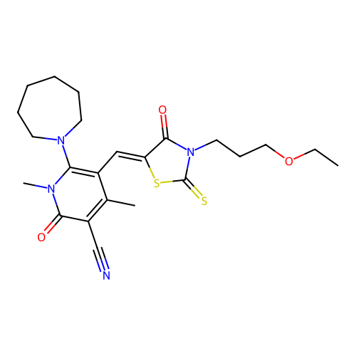 (Z)-6-(azepan-1-yl)-5-((3-(3-ethoxypropyl)-4-oxo-2-thioxothiazolidin-5-ylidene)methyl)-1,4-dimethyl-2-oxo-1,2-dihydropyridine-3-carbonitrile structure