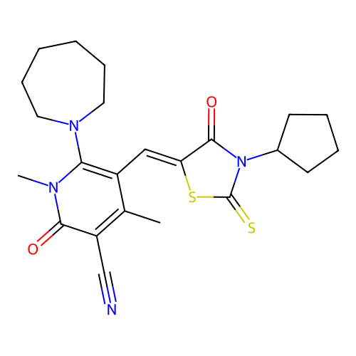(Z)-6-(azepan-1-yl)-5-((3-cyclopentyl-4-oxo-2-thioxothiazolidin-5-ylidene)methyl)-1,4-dimethyl-2-oxo-1,2-dihydropyridine-3-carbonitrile structure