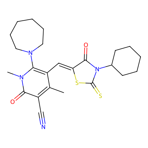 (Z)-6-(azepan-1-yl)-5-((3-cyclohexyl-4-oxo-2-thioxothiazolidin-5-ylidene)methyl)-1,4-dimethyl-2-oxo-1,2-dihydropyridine-3-carbonitrile structure