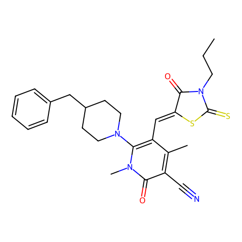 (Z)-6-(4-benzylpiperidin-1-yl)-1,4-dimethyl-2-oxo-5-((4-oxo-3-propyl-2-thioxothiazolidin-5-ylidene)methyl)-1,2-dihydropyridine-3-carbonitrile structure