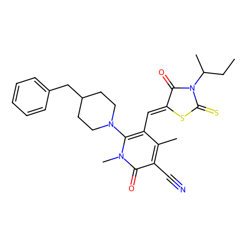(Z)-6-(4-benzylpiperidin-1-yl)-5-((3-(sec-butyl)-4-oxo-2-thioxothiazolidin-5-ylidene)methyl)-1,4-dimethyl-2-oxo-1,2-dihydropyridine-3-carbonitrile structure