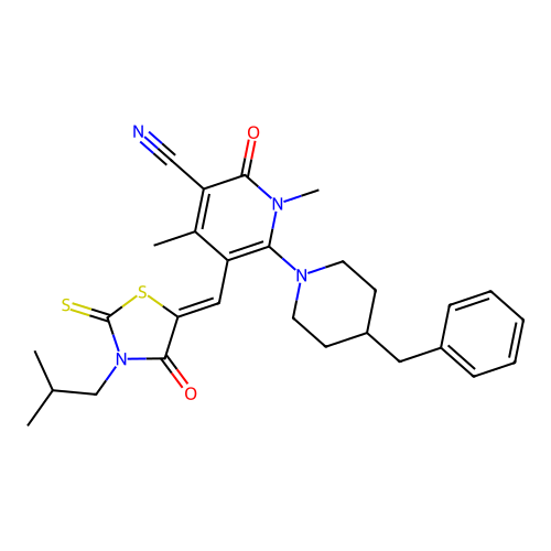 (Z)-6-(4-benzylpiperidin-1-yl)-5-((3-isobutyl-4-oxo-2-thioxothiazolidin-5-ylidene)methyl)-1,4-dimethyl-2-oxo-1,2-dihydropyridine-3-carbonitrile structure