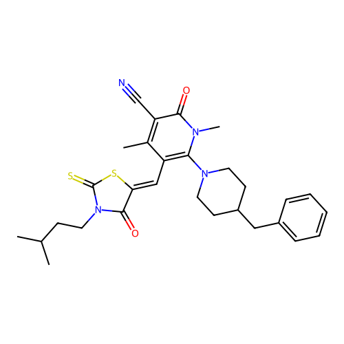 (Z)-6-(4-benzylpiperidin-1-yl)-5-((3-isopentyl-4-oxo-2-thioxothiazolidin-5-ylidene)methyl)-1,4-dimethyl-2-oxo-1,2-dihydropyridine-3-carbonitrile structure