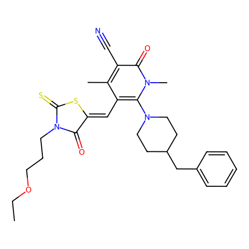 (Z)-6-(4-benzylpiperidin-1-yl)-5-((3-(3-ethoxypropyl)-4-oxo-2-thioxothiazolidin-5-ylidene)methyl)-1,4-dimethyl-2-oxo-1,2-dihydropyridine-3-carbonitrile structure