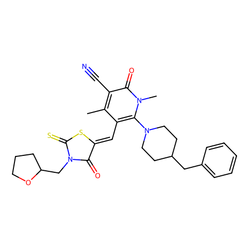 (Z)-6-(4-benzylpiperidin-1-yl)-1,4-dimethyl-2-oxo-5-((4-oxo-3-((tetrahydrofuran-2-yl)methyl)-2-thioxothiazolidin-5-ylidene)methyl)-1,2-dihydropyridine-3-carbonitrile structure