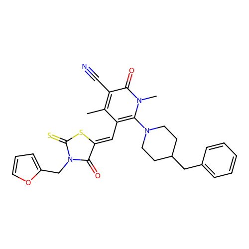 (Z)-6-(4-benzylpiperidin-1-yl)-5-((3-(furan-2-ylmethyl)-4-oxo-2-thioxothiazolidin-5-ylidene)methyl)-1,4-dimethyl-2-oxo-1,2-dihydropyridine-3-carbonitrile structure