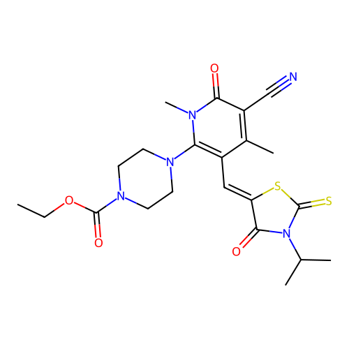 (Z)-ethyl 4-(5-cyano-3-((3-isopropyl-4-oxo-2-thioxothiazolidin-5-ylidene)methyl)-1,4-dimethyl-6-oxo-1,6-dihydropyridin-2-yl)piperazine-1-carboxylate structure