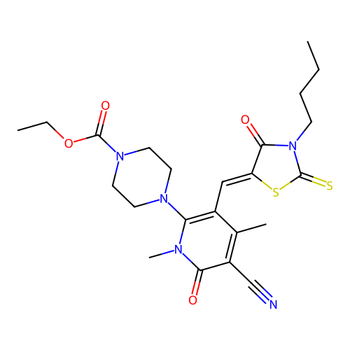 (Z)-ethyl 4-(3-((3-butyl-4-oxo-2-thioxothiazolidin-5-ylidene)methyl)-5-cyano-1,4-dimethyl-6-oxo-1,6-dihydropyridin-2-yl)piperazine-1-carboxylate structure