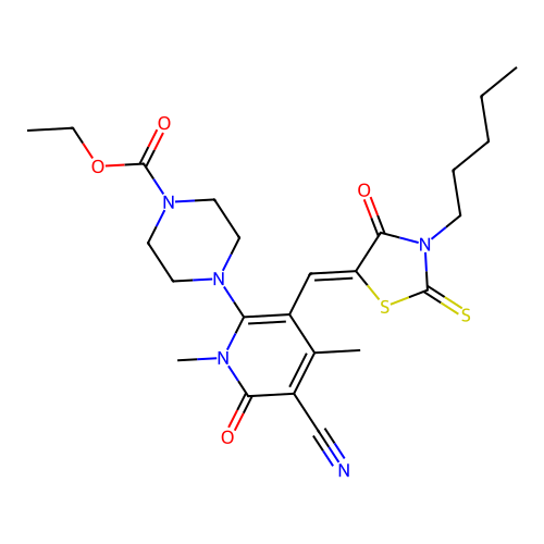 (Z)-ethyl 4-(5-cyano-1,4-dimethyl-6-oxo-3-((4-oxo-3-pentyl-2-thioxothiazolidin-5-ylidene)methyl)-1,6-dihydropyridin-2-yl)piperazine-1-carboxylate structure