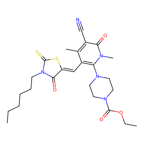(Z)-ethyl 4-(5-cyano-3-((3-hexyl-4-oxo-2-thioxothiazolidin-5-ylidene)methyl)-1,4-dimethyl-6-oxo-1,6-dihydropyridin-2-yl)piperazine-1-carboxylate structure