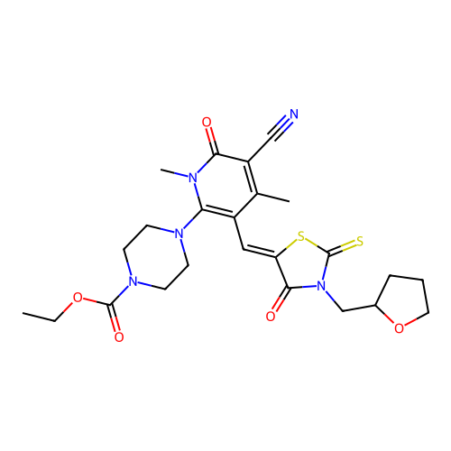 (Z)-ethyl 4-(5-cyano-1,4-dimethyl-6-oxo-3-((4-oxo-3-((tetrahydrofuran-2-yl)methyl)-2-thioxothiazolidin-5-ylidene)methyl)-1,6-dihydropyridin-2-yl)piperazine-1-carboxylate structure