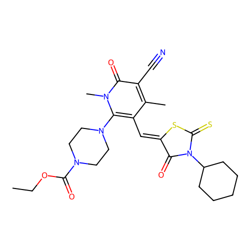 (Z)-ethyl 4-(5-cyano-3-((3-cyclohexyl-4-oxo-2-thioxothiazolidin-5-ylidene)methyl)-1,4-dimethyl-6-oxo-1,6-dihydropyridin-2-yl)piperazine-1-carboxylate structure