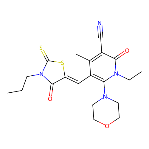 (Z)-1-ethyl-4-methyl-6-morpholino-2-oxo-5-((4-oxo-3-propyl-2-thioxothiazolidin-5-ylidene)methyl)-1,2-dihydropyridine-3-carbonitrile structure