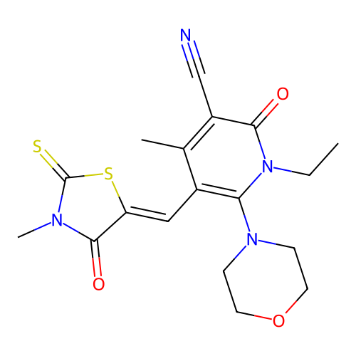 (Z)-1-ethyl-4-methyl-5-((3-methyl-4-oxo-2-thioxothiazolidin-5-ylidene)methyl)-6-morpholino-2-oxo-1,2-dihydropyridine-3-carbonitrile structure