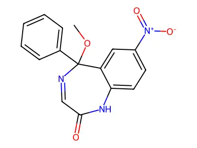 5-Methoxy-7-nitro-5-phenyl-1,5-dihydro-2H-1,4-benzodiazepin-2-one structure