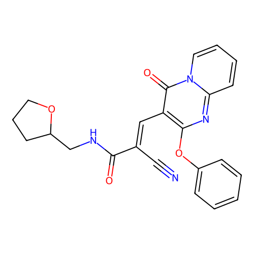 (2E)-2-cyano-3-(4-oxo-2-phenoxy-4H-pyrido[1,2-a]pyrimidin-3-yl)-N-(tetrahydrofuran-2-ylmethyl)prop-2-enamide structure