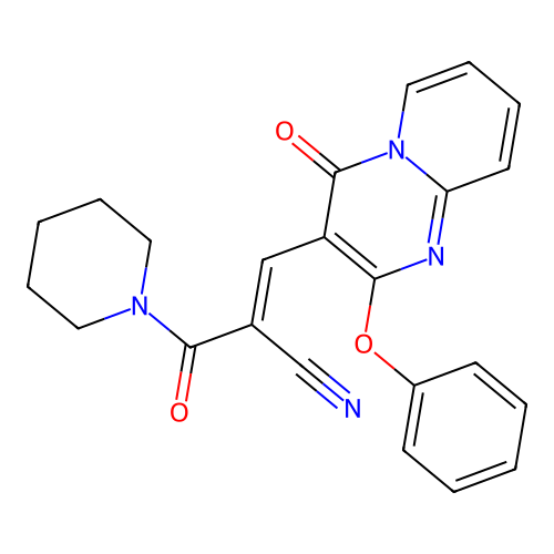 (2E)-3-(4-oxo-2-phenoxy-4H-pyrido[1,2-a]pyrimidin-3-yl)-2-(piperidin-1-ylcarbonyl)prop-2-enenitrile structure