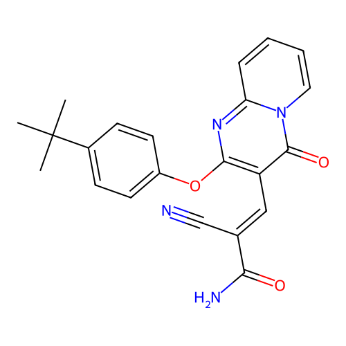 (2E)-3-[2-(4-tert-butylphenoxy)-4-oxo-4H-pyrido[1,2-a]pyrimidin-3-yl]-2-cyanoprop-2-enamide structure