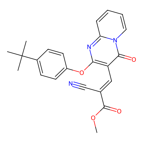 methyl (2E)-3-[2-(4-tert-butylphenoxy)-4-oxo-4H-pyrido[1,2-a]pyrimidin-3-yl]-2-cyanoprop-2-enoate structure