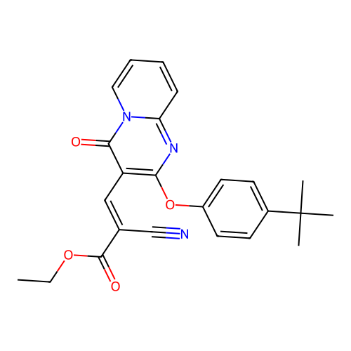 ethyl (2E)-3-[2-(4-tert-butylphenoxy)-4-oxo-4H-pyrido[1,2-a]pyrimidin-3-yl]-2-cyanoprop-2-enoate structure