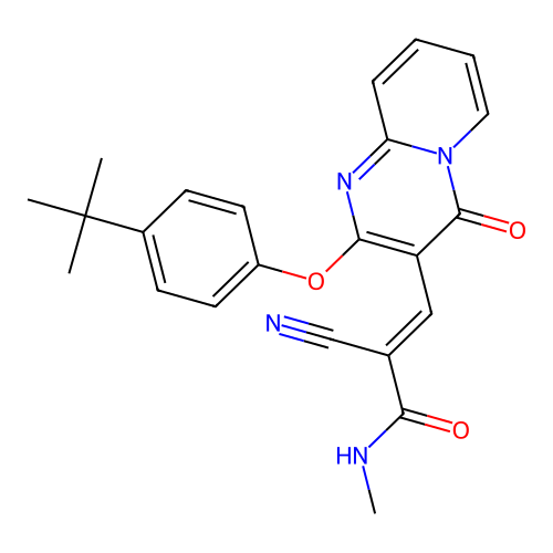(2E)-3-[2-(4-tert-butylphenoxy)-4-oxo-4H-pyrido[1,2-a]pyrimidin-3-yl]-2-cyano-N-methylprop-2-enamide structure