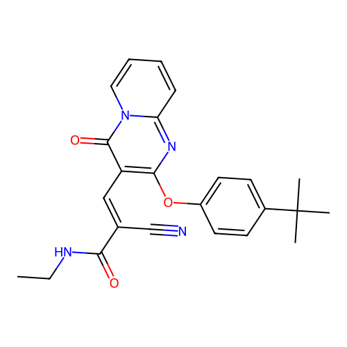 (2E)-3-[2-(4-tert-butylphenoxy)-4-oxo-4H-pyrido[1,2-a]pyrimidin-3-yl]-2-cyano-N-ethylprop-2-enamide structure