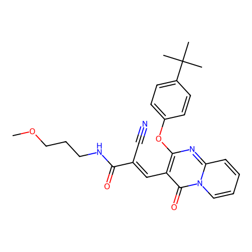 (2E)-3-[2-(4-tert-butylphenoxy)-4-oxo-4H-pyrido[1,2-a]pyrimidin-3-yl]-2-cyano-N-(3-methoxypropyl)prop-2-enamide structure