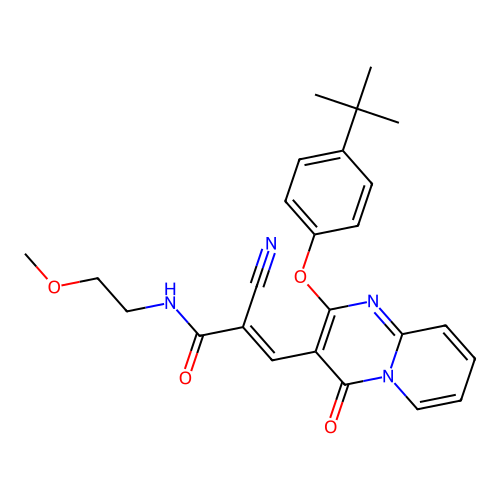 (2E)-3-[2-(4-tert-butylphenoxy)-4-oxo-4H-pyrido[1,2-a]pyrimidin-3-yl]-2-cyano-N-(2-methoxyethyl)prop-2-enamide structure