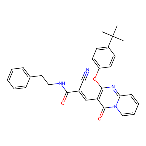 (2E)-3-[2-(4-tert-butylphenoxy)-4-oxo-4H-pyrido[1,2-a]pyrimidin-3-yl]-2-cyano-N-(2-phenylethyl)prop-2-enamide structure
